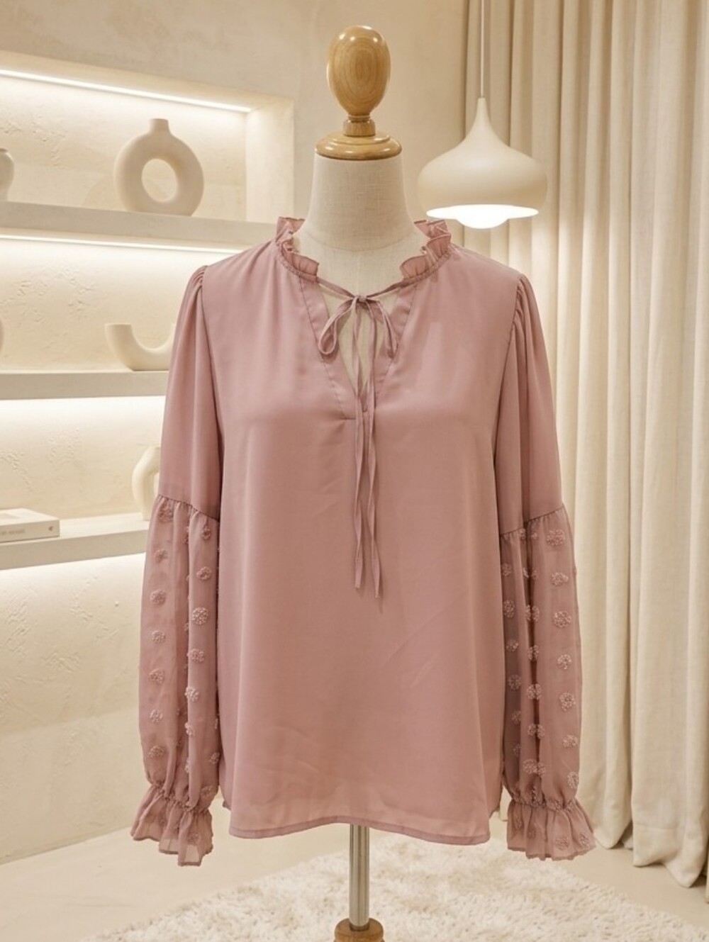 SHEIN Dusty Pink Puff Sleeve Tie Neck Blouse Sz Lg